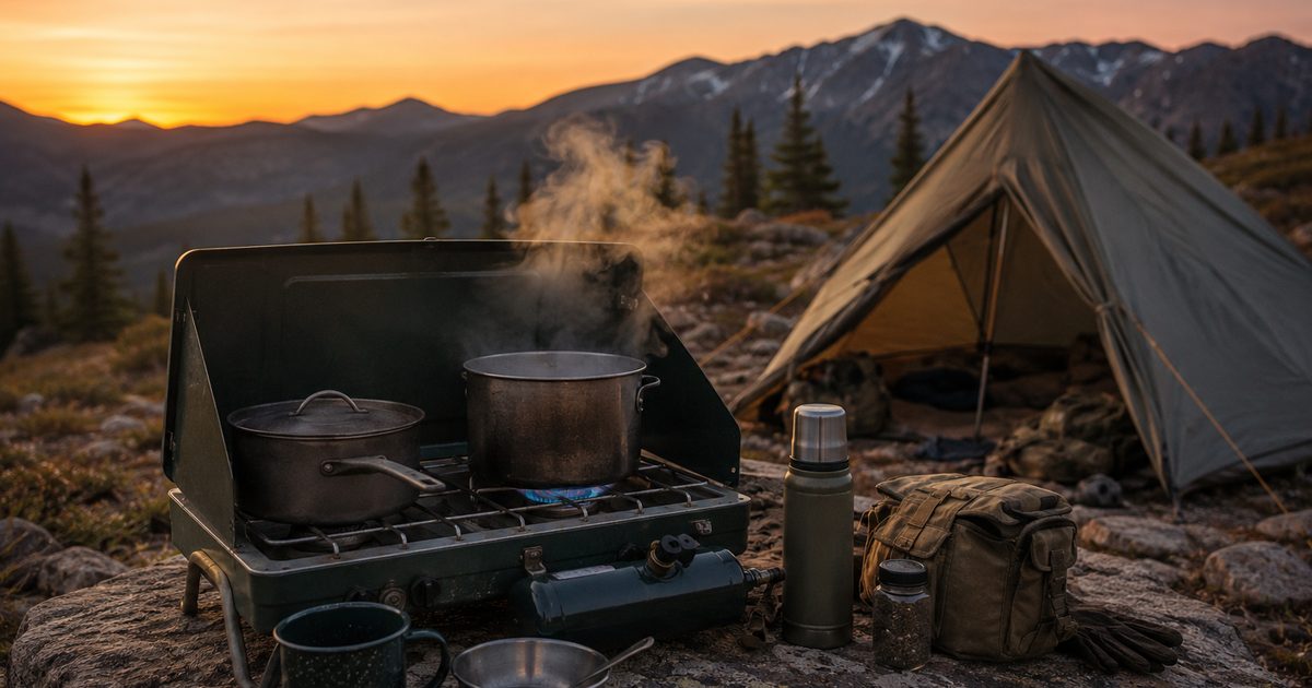Camp stove and cooking gear at a backcountry hunting camp in mountains