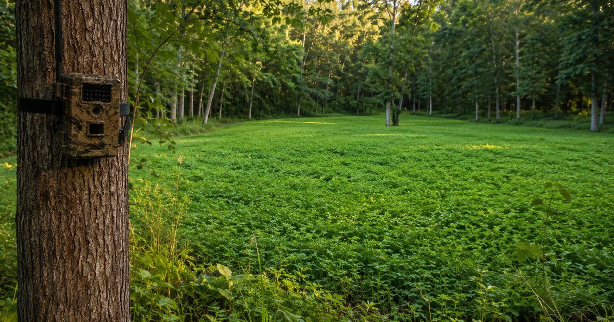 Green deer food plot in hardwood forest opening with trail camera setup