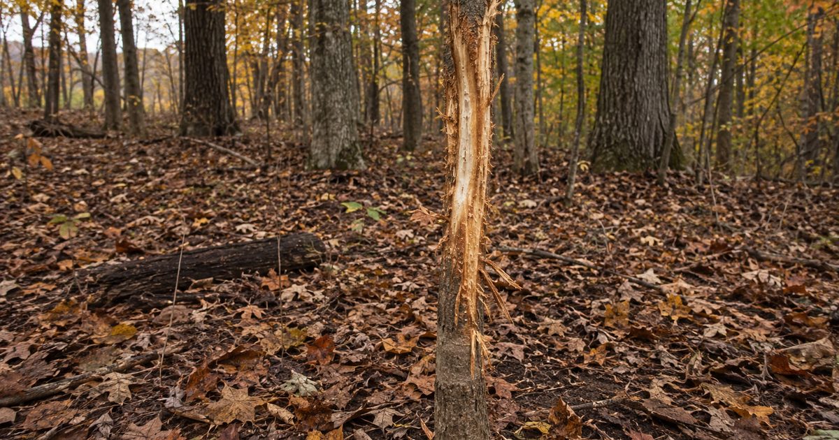 Fresh deer rub on a sapling in hardwood forest — sign of a mature buck establishing territory