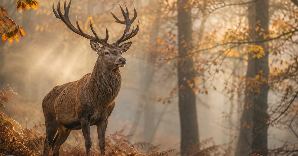 Majestic red deer stag with large antlers in autumn forest