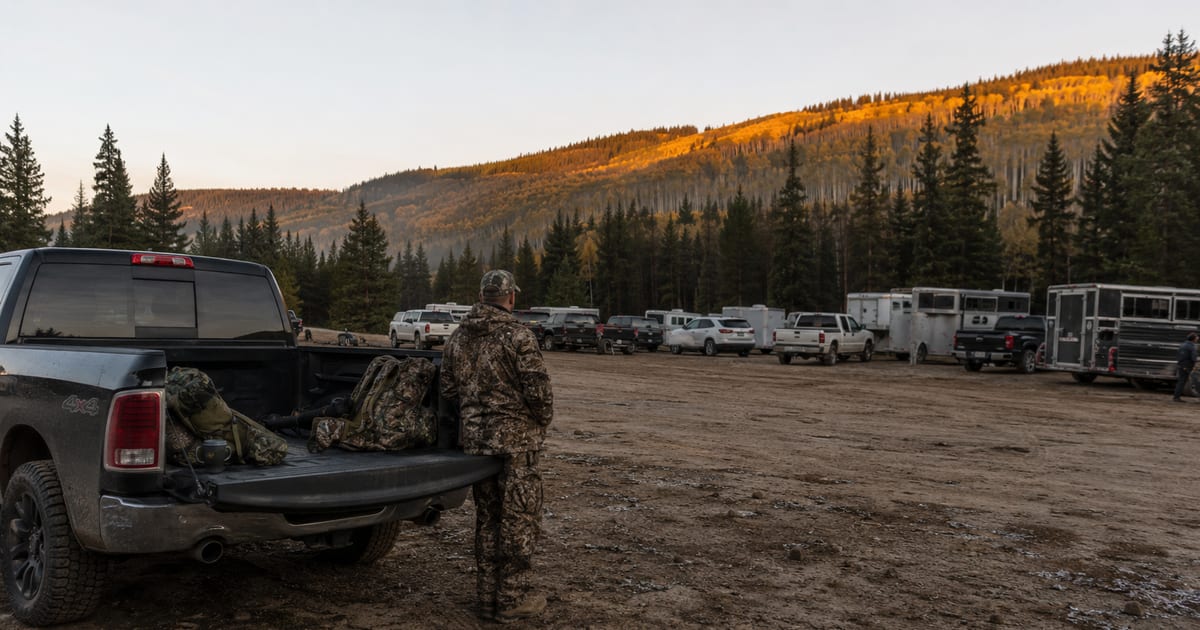 Elk hunter looking across a crowded Colorado trailhead parking area at dawn during archery season