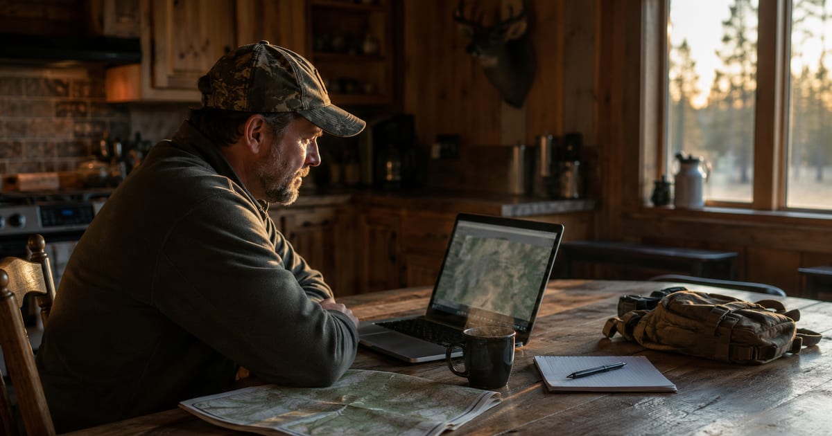 Hunter at a kitchen table with laptop and coffee checking the Colorado reissue license list early on a Wednesday morning