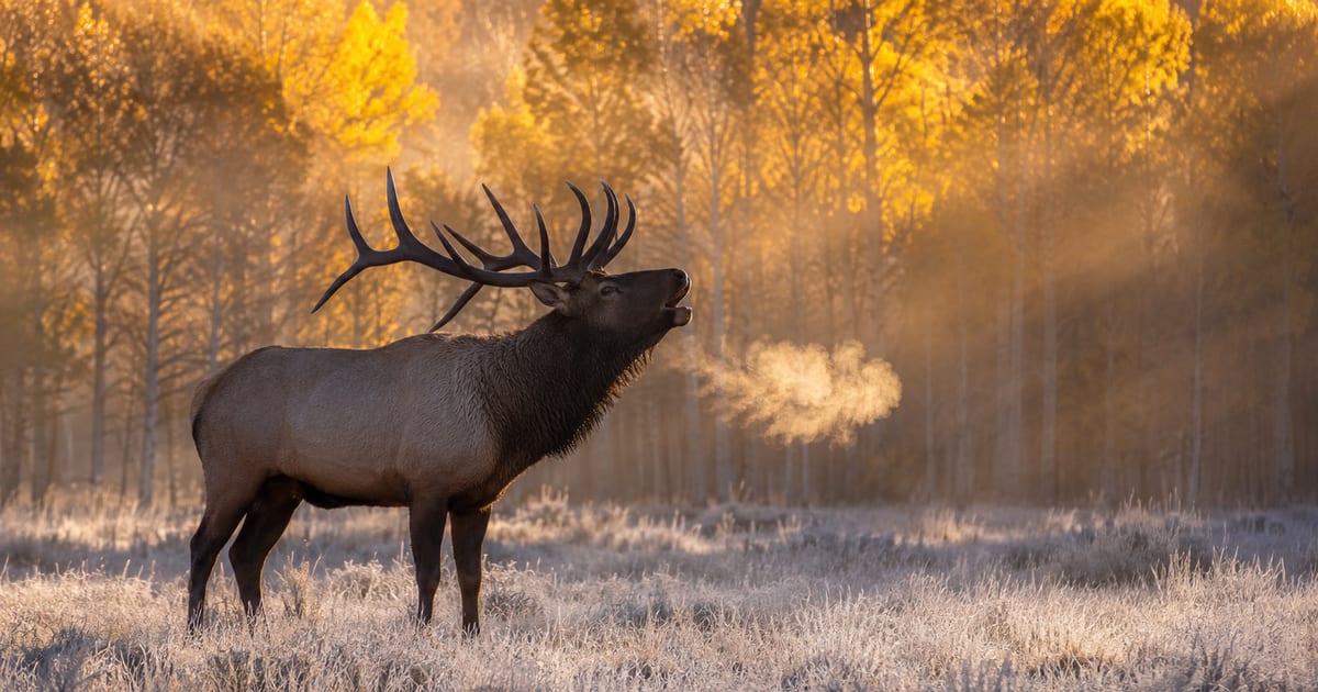 Bull elk bugling in golden aspen meadow at first light during the September rut